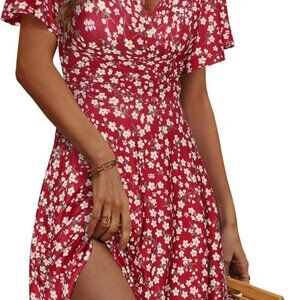 Womens Sundress Summer Floral Short Sleeve Wrap V Neck A-Line Midi Dress